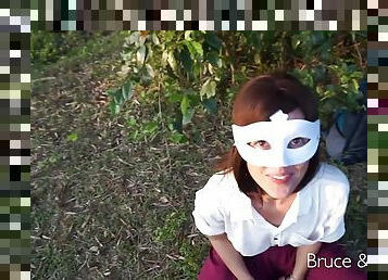 Masked whore swallows a big one in public