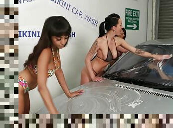 Alyssa Divine, Chantelle Fox and Jodie Lee run a kinky bikini car wash