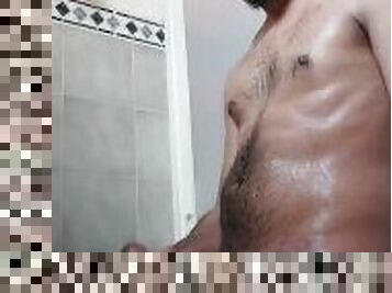 Hot Latin Hairy Dude Wanking His Big Cock Under The Cold Shower