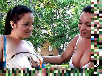 Young busty babes in outdoor lesbian show