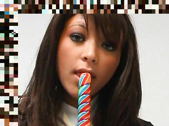 Perverted schoolgirl Natalia Forrest sucking sweets