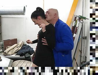 Bald guy fucks a young bitch in abandoned basement