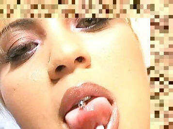 Sultry pierced tongue on curvy girl