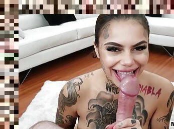 Tattooed POV PORN bae enjoys sucks penis while jerking it