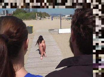 Scandalous slut walks naked outdoor in front of people