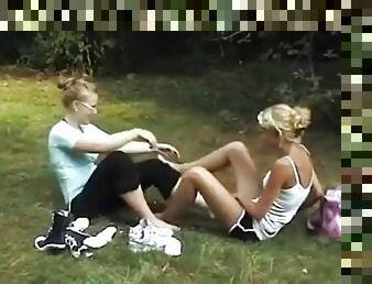 Blonde lesbian foot worship outdoors