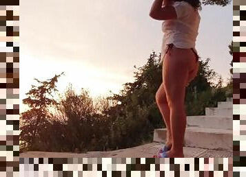 Girl Is Pissing On Hill During Sunset!