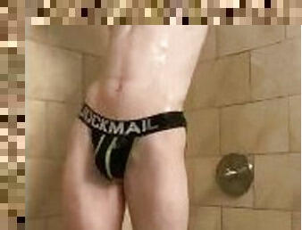 Twink flexs muscles in shower and plays around in jockstrap. OF: Pup.Stud20