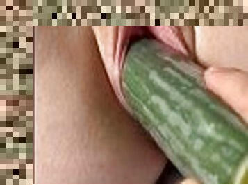 Squirting Wifes Gaping Pussy Fucked With A Cucumber