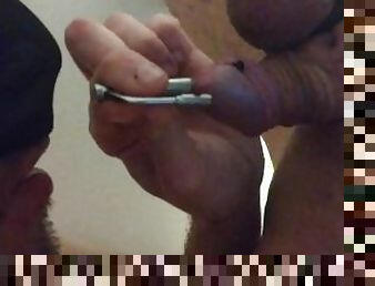 Self piss in mouth and suck through hollow urethral probe