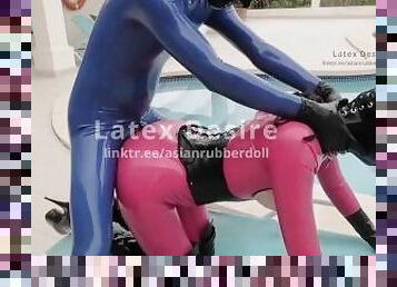 Latex sex at pool Rubber Neck corset Open breasts Open crotch Overknees Doggy Riding