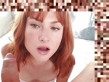 Horny redhead neighbor sucks a big cock deeply until cumming in her mouth POV
