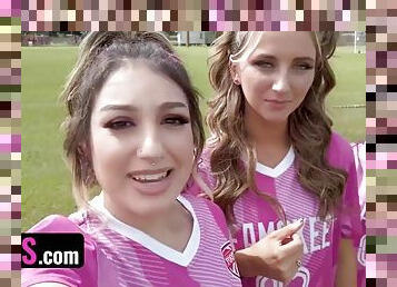 Soccer Girls Freya von Doom, Macy Meadows & Violet Gems Take Turns Riding Their Trainers Dick - POV foursome