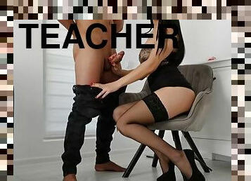 Sexy Teacher Sucks her Student's Cock and gives her an amazing Jerk off,Cum on Tits