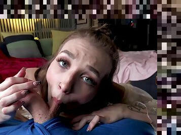 POV blowjob babe with tattoos sucks cock while talking dirty