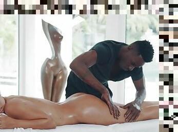Aroused Latina MILF turns massage into genuine porno interracial