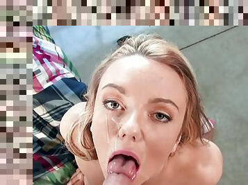Smooth POV facial after this cute blonde tries fucking like a whore