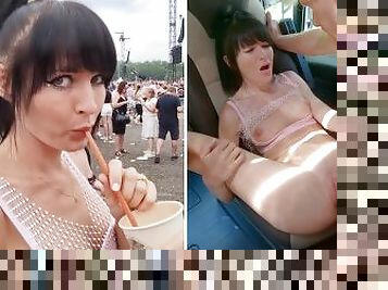 Festival Girl Fucked Hard in Campervan!!! Double CUM to Huge Squirting Pussy