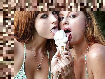 Redhead lesbians eat pussy and bump fuzz in the backyard
