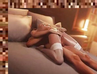 Blonde girl in white stocking fucking on bed