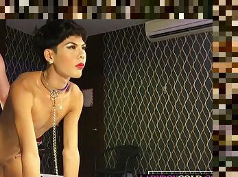 Tiny teen ladyboy Sandy tied up in bondage, blowjob and rough anal penetration