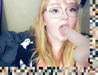 cute blonde sloppy dildo deep throat blowjob