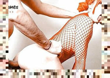 First Anal from a Huge Cock for a Skinny Submissive Redhead Teen in Fishnet Bodysuit