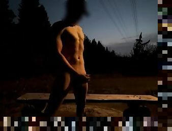 Sport Fit Boy and Extreme Night Cumshot at Park Bench