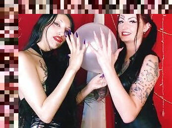 Balloon fetish. Two Mistresses inflate the balloon, play with their long nails on your nerves, and b