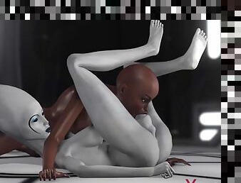 Sexy sci-fi female alien plays with a black girl in the space station