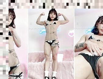Cute Asian muscle girl in a maid micro bikini flexes for and flashes you