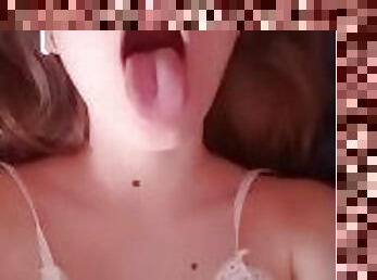 Teen with Ahegao face asks to cum on tongue