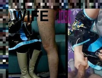Fetishwife in vocaloid cosplay & white leather boots does handjob and lets him cums in her outfit !