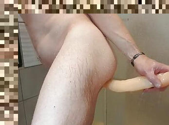Enema, then anal 45 mm, double one-piece dildo 45 cm in the shower