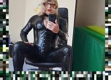Rachel Sits in a Latex Catsuit and PVC Corset