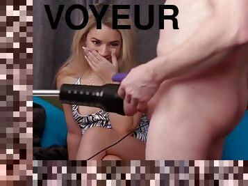 Voyeur slut with dirty talk made him cum with silicone pussy machine
