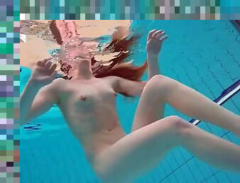 Swimming redhead strips underwater to tease us