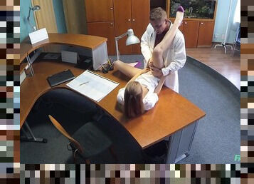 Naughty doctor bangs his amateur brunette patient on the table